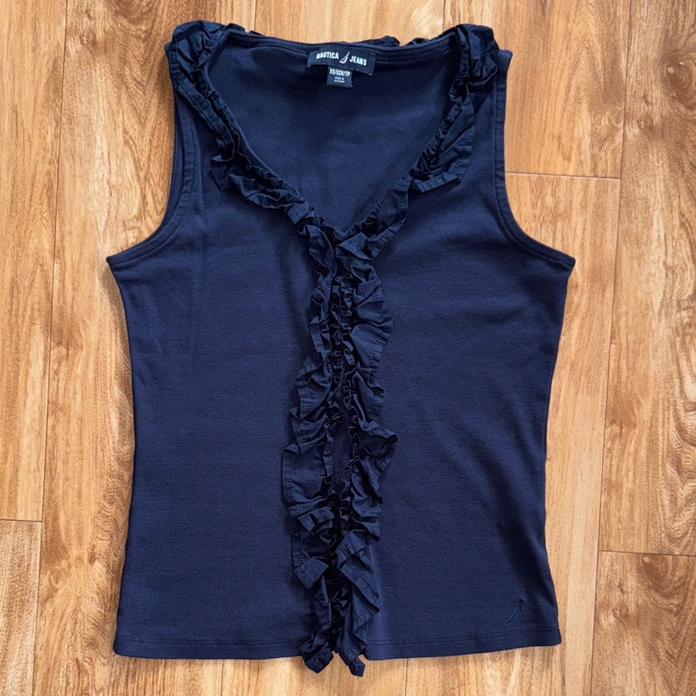 Nautica Navy Ruffle V-Neck Tank Top
